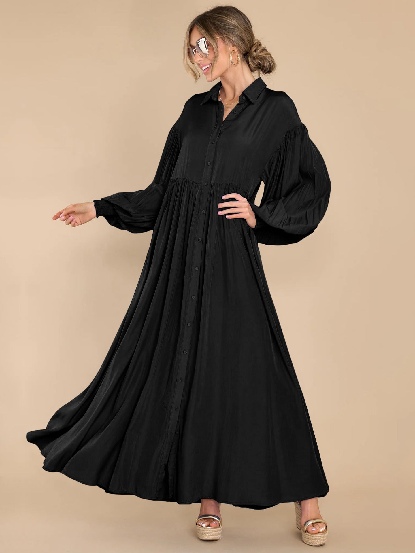 Women Fashion Casual Solid Color Creased Long Sleeve Maxi Dress