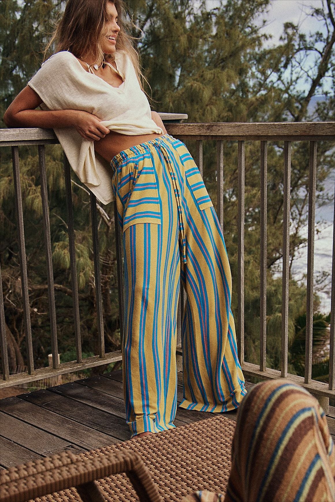 Women Fashion Casual Stripe Pocket Drawstring Wide Leg Pants