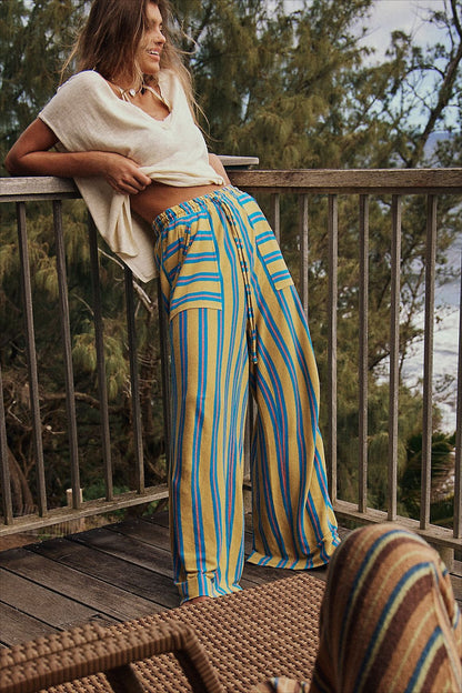 Women Fashion Casual Stripe Pocket Drawstring Wide Leg Pants