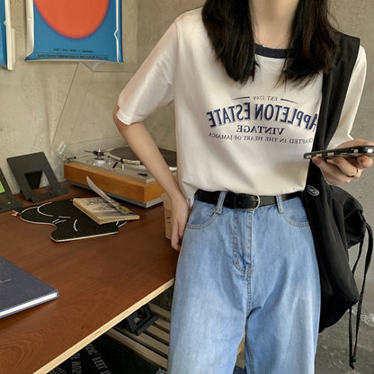 Camiseta informal de manga corta con cuello redondo y estampado de letras para mujer