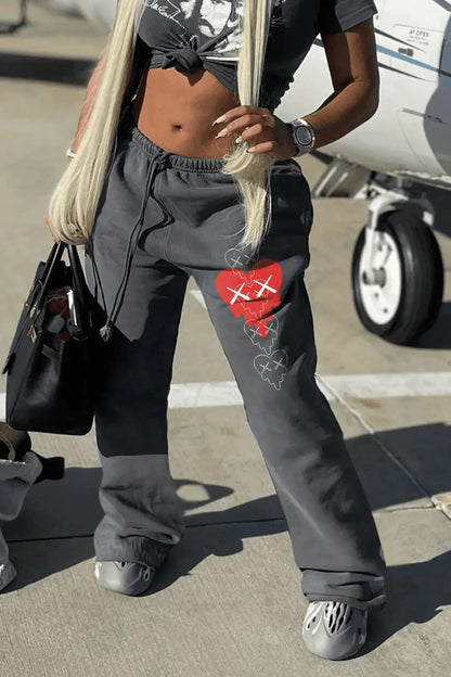 Vaqueros casuales holgados con cintura ajustada y estampado de mezclilla para mujer