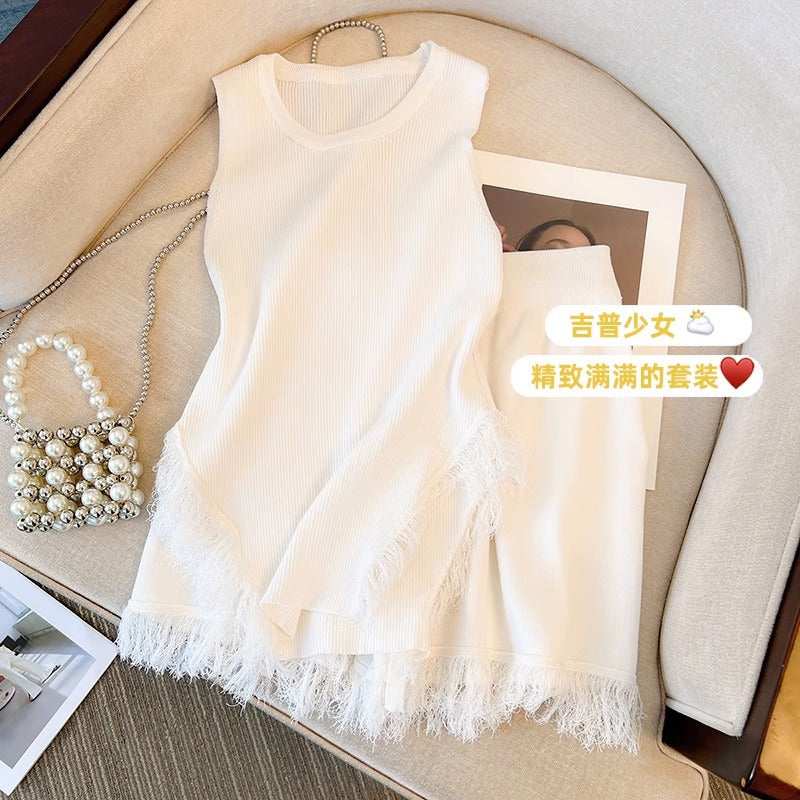 Conjunto de dos piezas de camisola de punto con borlas rosas informales a la moda para mujer, pantalones cortos de cintura alta