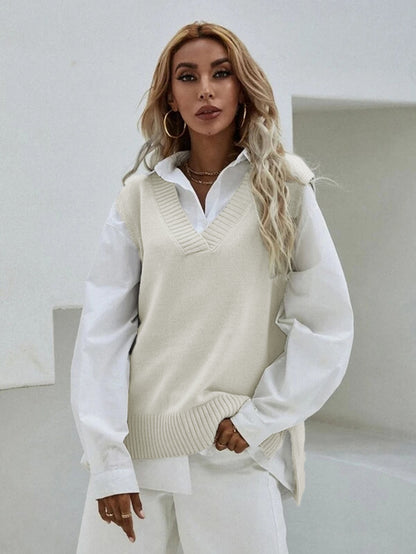 Women Casual V Neck Solid Color Knitted Tank Top