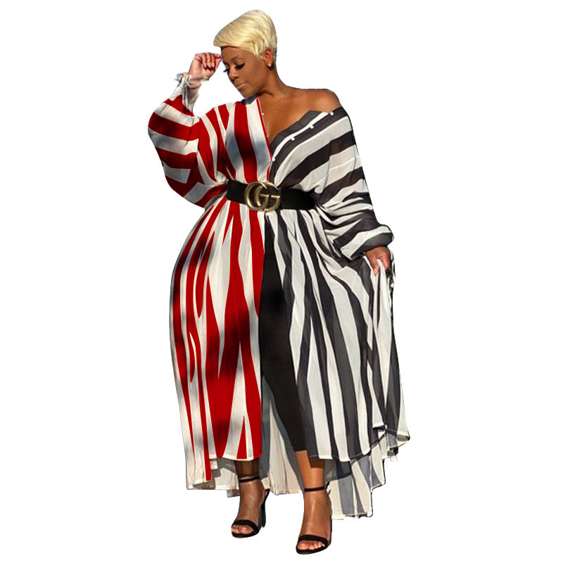Women Fashion Casual Plus Size Stripe Stitching Long-Sleeve Single Breasted Slim-Fit Dress