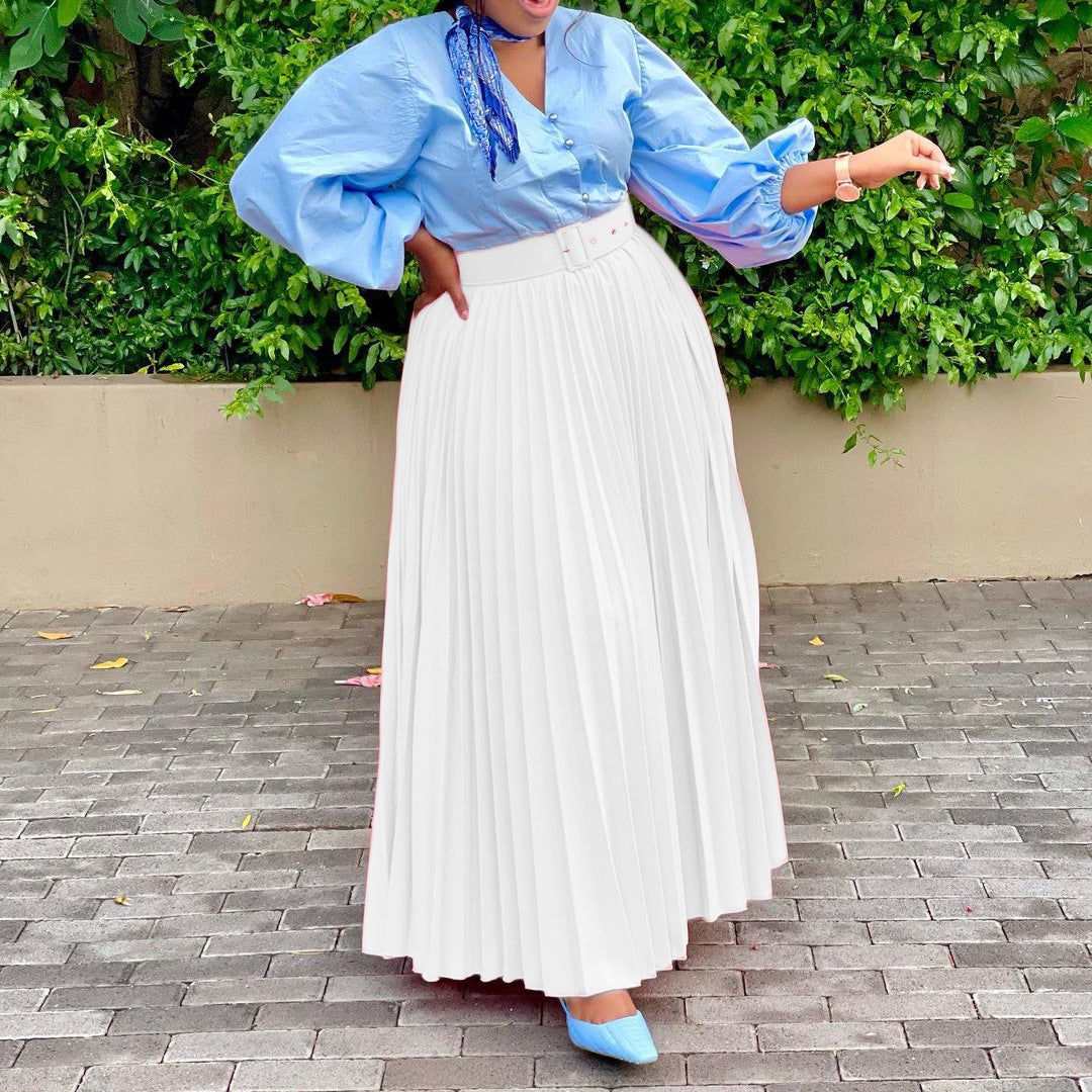 Women Solid Color High Waist Pleated Fashion Casual Loose Long Skirts