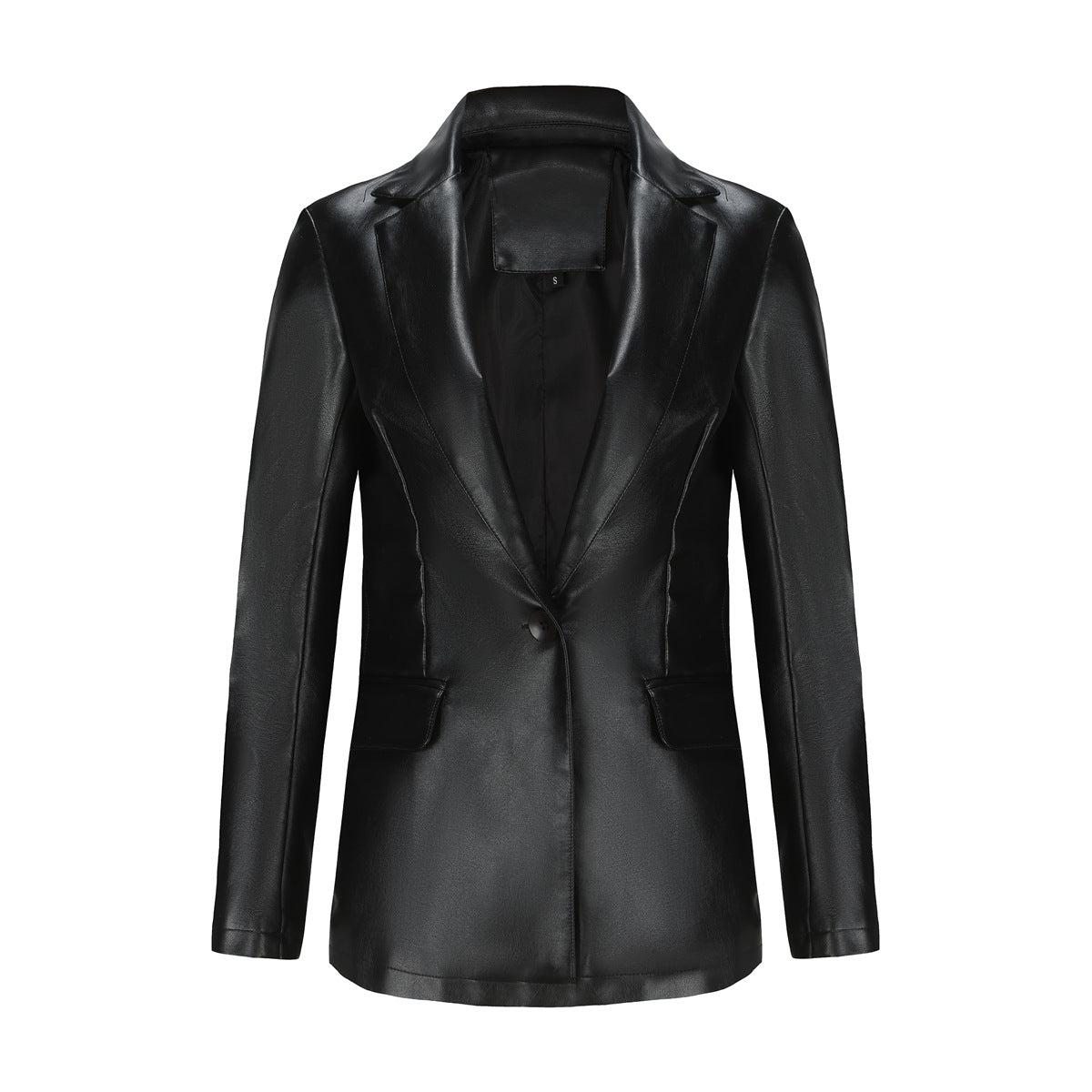 Chaqueta blazer informal de PU de manga larga con solapa de color sólido para mujer