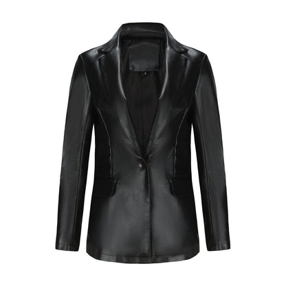 Chaqueta blazer informal de PU de manga larga con solapa de color sólido para mujer