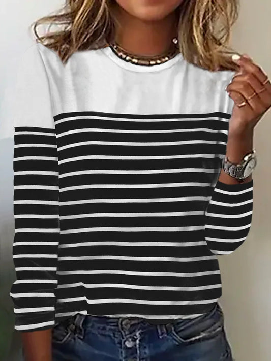 Camiseta informal de manga larga con estampado de rayas y cuello redondo para mujer