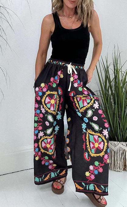 Ethnic Vintage Boho Women Spring And Summer Lace-Up Imitation Denim Floral Printed Pocket Loose Casual Pants