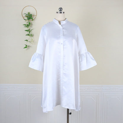 Women Fashion Casual Loose Fit Plus Size Solid Color Ruffled Shirt Swing Dress
