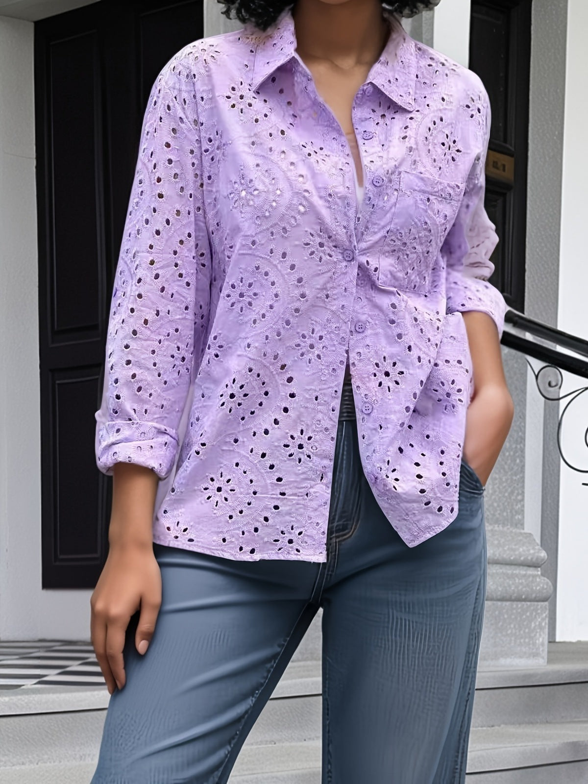Blusa informal de moda para mujer, color liso, con bordado y solapa hueca, talla grande