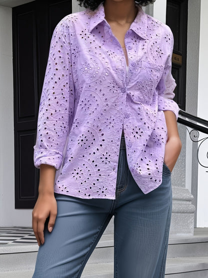 Blusa informal de moda para mujer, color liso, con bordado y solapa hueca, talla grande