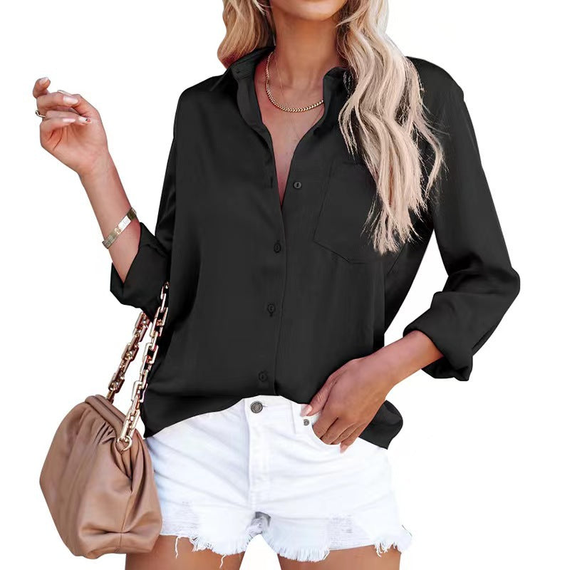 Blusa informal de manga larga con solapa y color liso para mujer