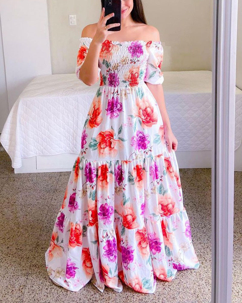 Summer Vacation Women Rainbow Color Floral Butterfly Large Swing Off Shoulder Casual Maxi Dress