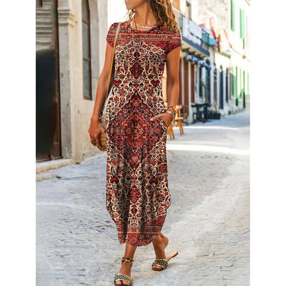 Vestido largo informal de manga corta con cuello redondo y estampado floral geométrico para mujer