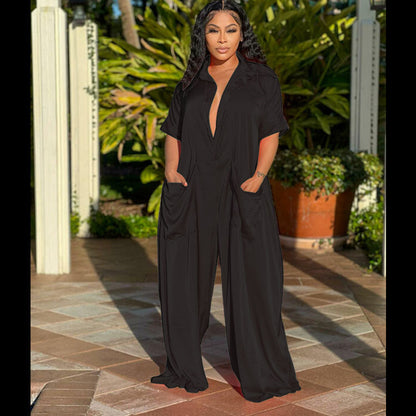 Women Casual Summer Elegant Short Sleeves Fashion Satin Solid Color Loose Jumpsuits