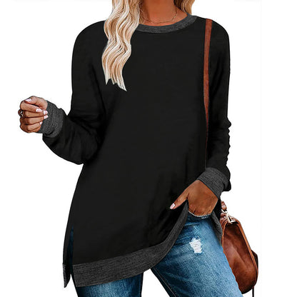 Camiseta informal de manga larga con cuello redondo y abertura en color para mujer
