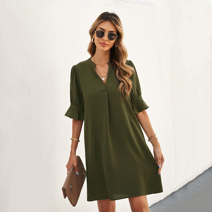 Summer Women Loose Casual Solid Color V-Neck Chiffon Dress