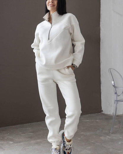 Conjunto de dos piezas de jersey deportivo informal con capucha y manga larga de color liso para mujer