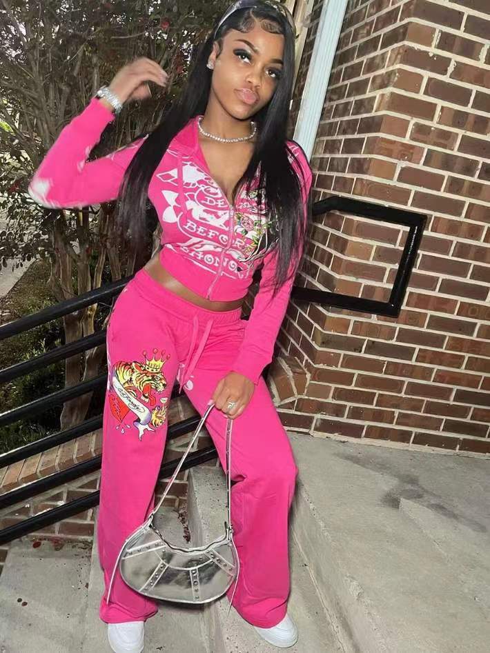 Conjunto de dos piezas de top y pantalón con cremallera y manga larga con estampado informal a la moda para mujer
