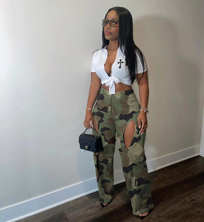 Women Fashion Casual Printed Cut Out Defined Waist Pants