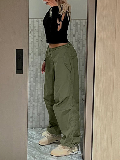 Women Casual Trousers Solid Loose Drawstring Low Waist Streetwear Joggers Baggy Wide Leg Sweatpants Pants