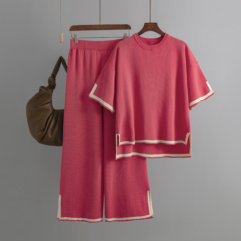 Conjunto de dos piezas de pantalones anchos de punto con contraste informal para mujer