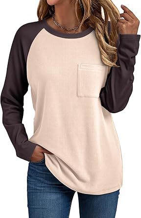Camiseta informal de manga larga con cuello redondo y bolsillo para mujer