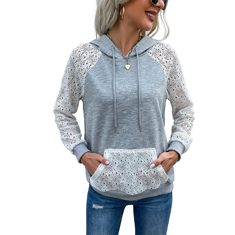 Sudadera con capucha informal de manga larga con bolsillo y encaje de patchwork para mujer