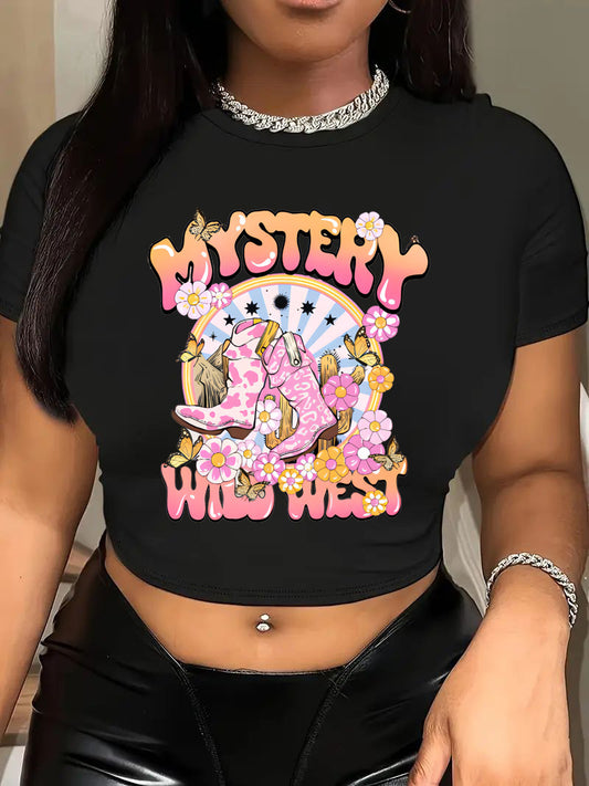 Camiseta corta informal de verano para mujer con estampado floral y letras, cuello redondo y manga corta