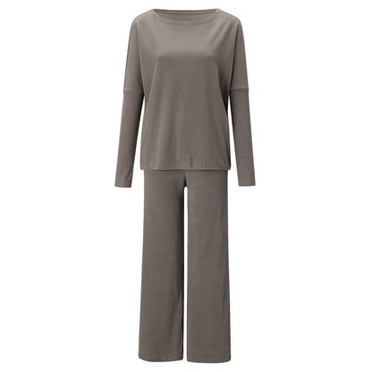 Conjunto de dos piezas formado por top y pantalón informal, manga larga, cuello redondo, color liso, para mujer, otoño e invierno