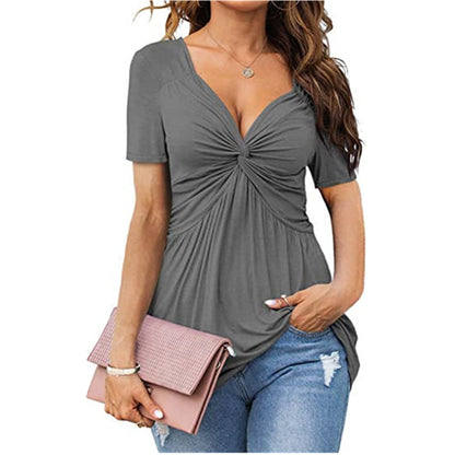 Blusa informal plisada de manga corta con cuello en V y color liso para mujer