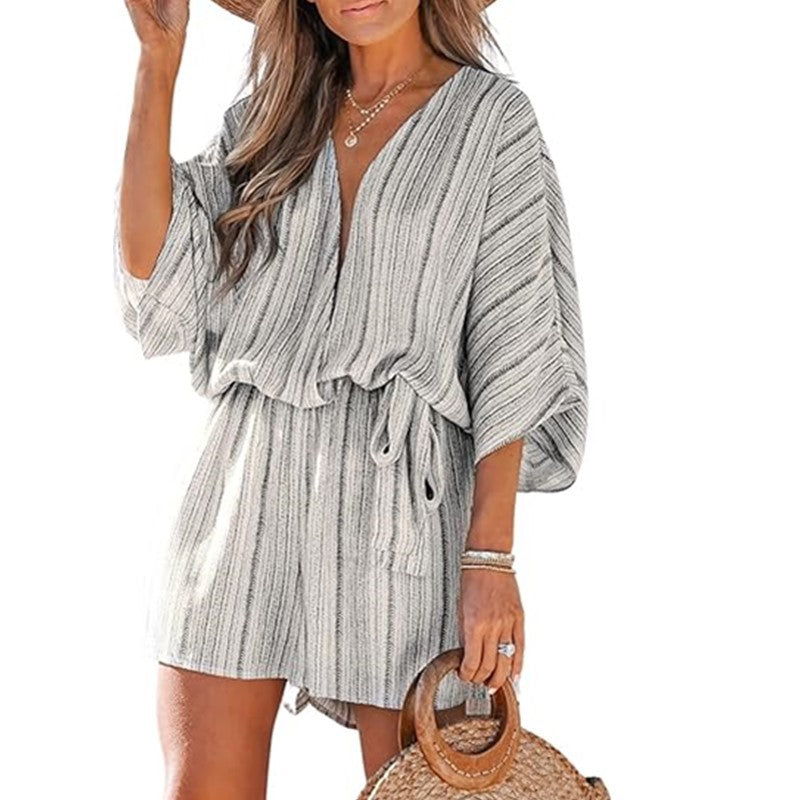 Women Fashion Casual Printed V-Neck Short-Sleeve Lace-Up Rompers
