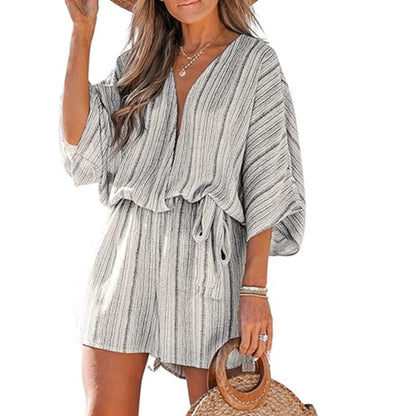 Women Fashion Casual Printed V-Neck Short-Sleeve Lace-Up Rompers