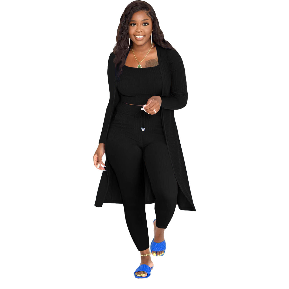 Fashion Women Casual Solid Color Rib-Knit Cardigan Camis And Skinny Pants Three Piece Set