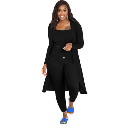 Fashion Women Casual Solid Color Rib-Knit Cardigan Camis And Skinny Pants Three Piece Set