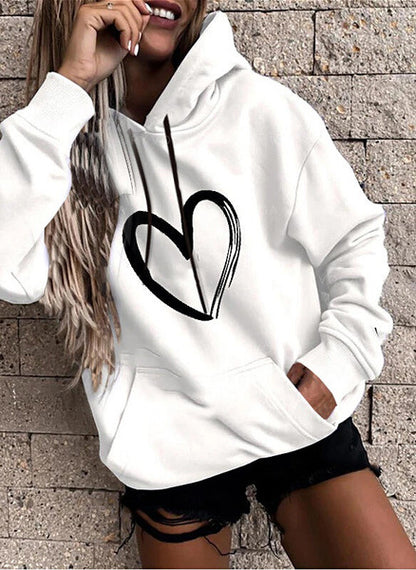 Sudadera básica informal con capucha y estampado de corazón para mujer, de manga larga