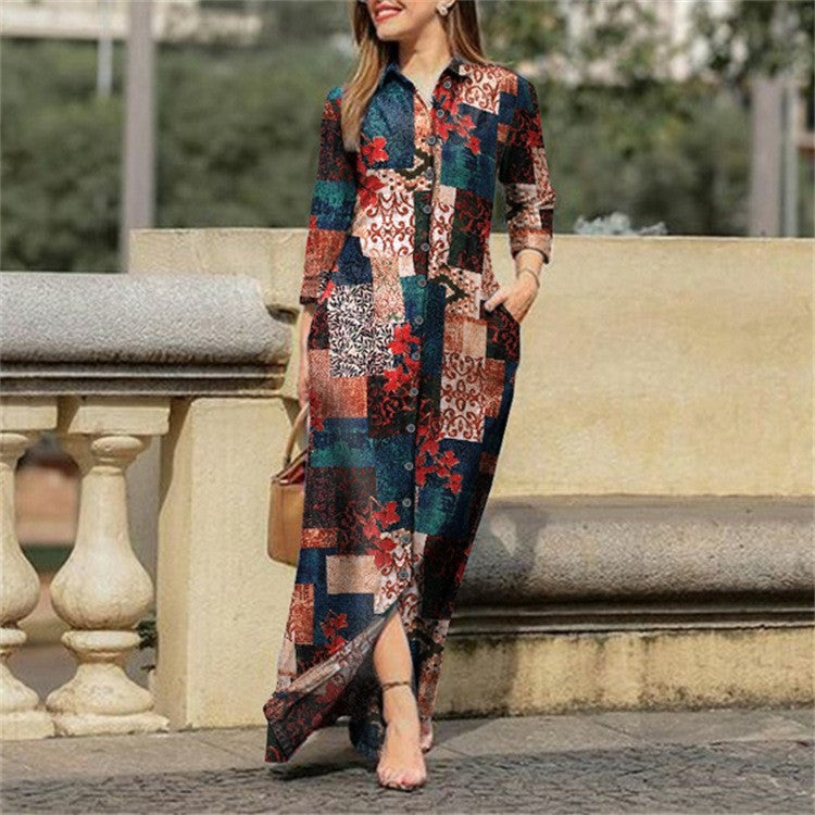 Women Casual Floral Print Long Sleeve Buttoned Loose Maxi Dress