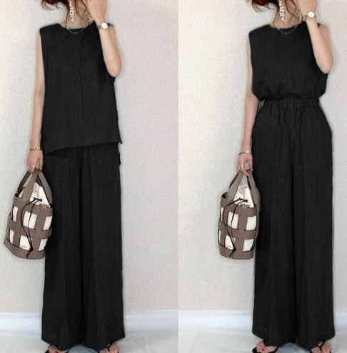 Conjunto de dos piezas formado por top y pantalón sin mangas, informal, de color liso, para mujer