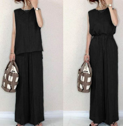 Conjunto de dos piezas formado por top y pantalón sin mangas, informal, de color liso, para mujer