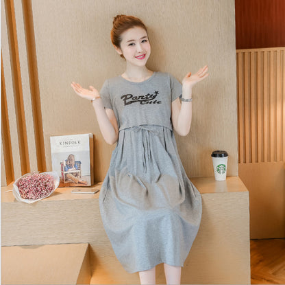 Vestido de lactancia de verano para embarazadas, informal, con estampado de letras, manga corta y bolsillo