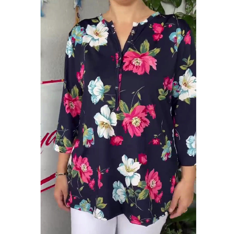 Camisa informal de verano para mujer, de manga larga, con estampado floral y ondas, talla grande