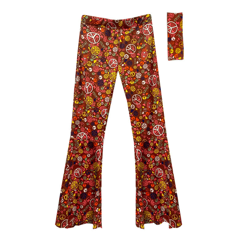Women Fashion Casual Leopard Floral Printed Wide Leg Pants With Headband