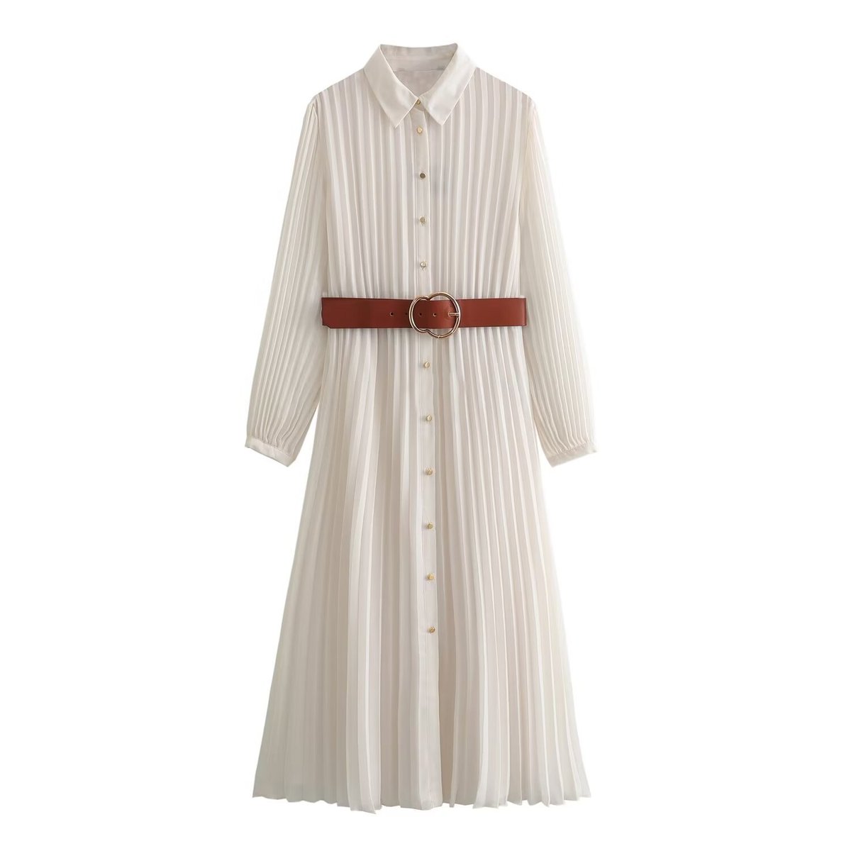 Wome Casual Summer Fashion Belt Midi Pleated Long Sleeve Shirt Dress