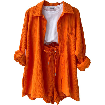 Conjunto informal de dos piezas para mujer, con solapa plisada, manga larga y pantalones cortos de cintura alta, color liso