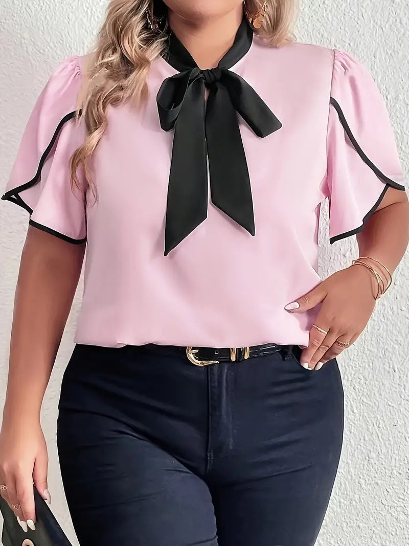 Women Fashion Casual Plus Size Color Matching Lace-Up Bowknot Short-Sleeve Blouse