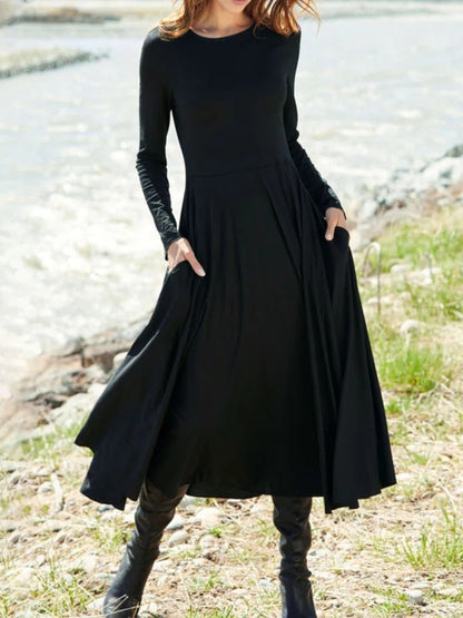 Women Casual Solid Color Round Neck Long Sleeve Dress