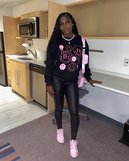 Women Loose Casual Smiley Face Print Round Neck Long Sleeve Sweatshirt