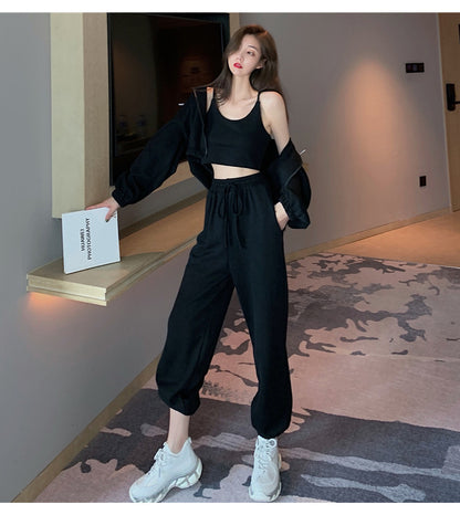 Conjunto informal de tres piezas con capucha, camiseta sin mangas y pantalones elásticos de cintura alta para mujer, color liso