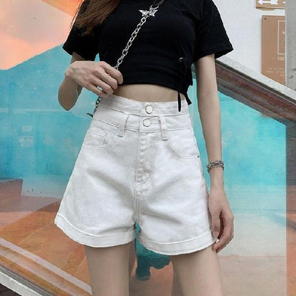 Women Fashion Casual High-Waisted Half-Zip Crimped Denim Shorts
